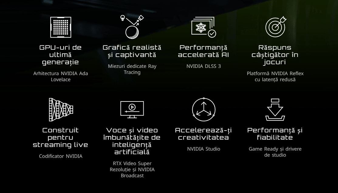 Arhitectura NVIDIA Ada Lovelace Conceput pentru a-ți oferi superputeri Noi multiprocesoare de streaming Performanță și eficiență energetică de până la 2 ori mai mari Nuclee Tensor de a patra generație Performanță de până la 4 ori mai mare cu DLSS 3 vs. randare prin forță brută Nuclee RT de a treia generație Performanță de până la 2X Ray Tracing GPU-uri de ultimă generație Arhitectura NVIDIA Ada Lovelace Grafică realistă și captivantă Miezuri dedicate Ray Tracing Performanță accelerată AI NVIDIA DLSS 3 Răspuns câștigător în jocuri Platformă NVIDIA Reflex cu latență redusă Construit pentru streaming live Codificator NVIDIA Voce și video îmbunătățite de inteligență artificială RTX Video Super Rezoluție și NVIDIA Broadcast Accelerează-ți creativitatea NVIDIA Studio Performanță și fiabilitate Game Ready și drivere de studio