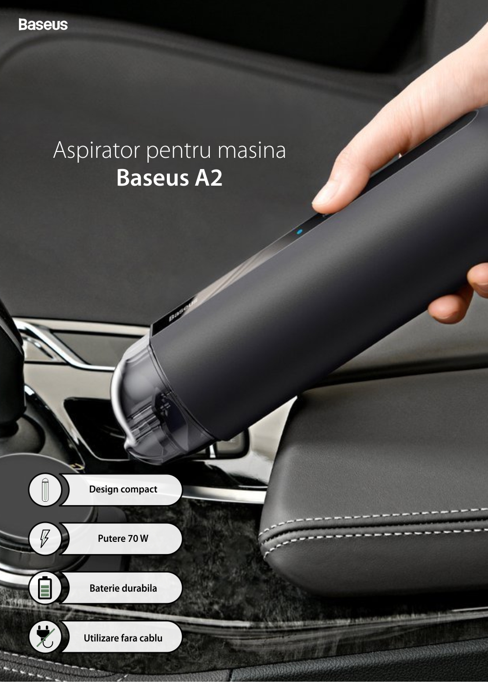 Aspirator auto Baseus Capsule Mini A2, Wireless, Putere 70 W, Timp de lucru 20 min, Incarcare Type-C