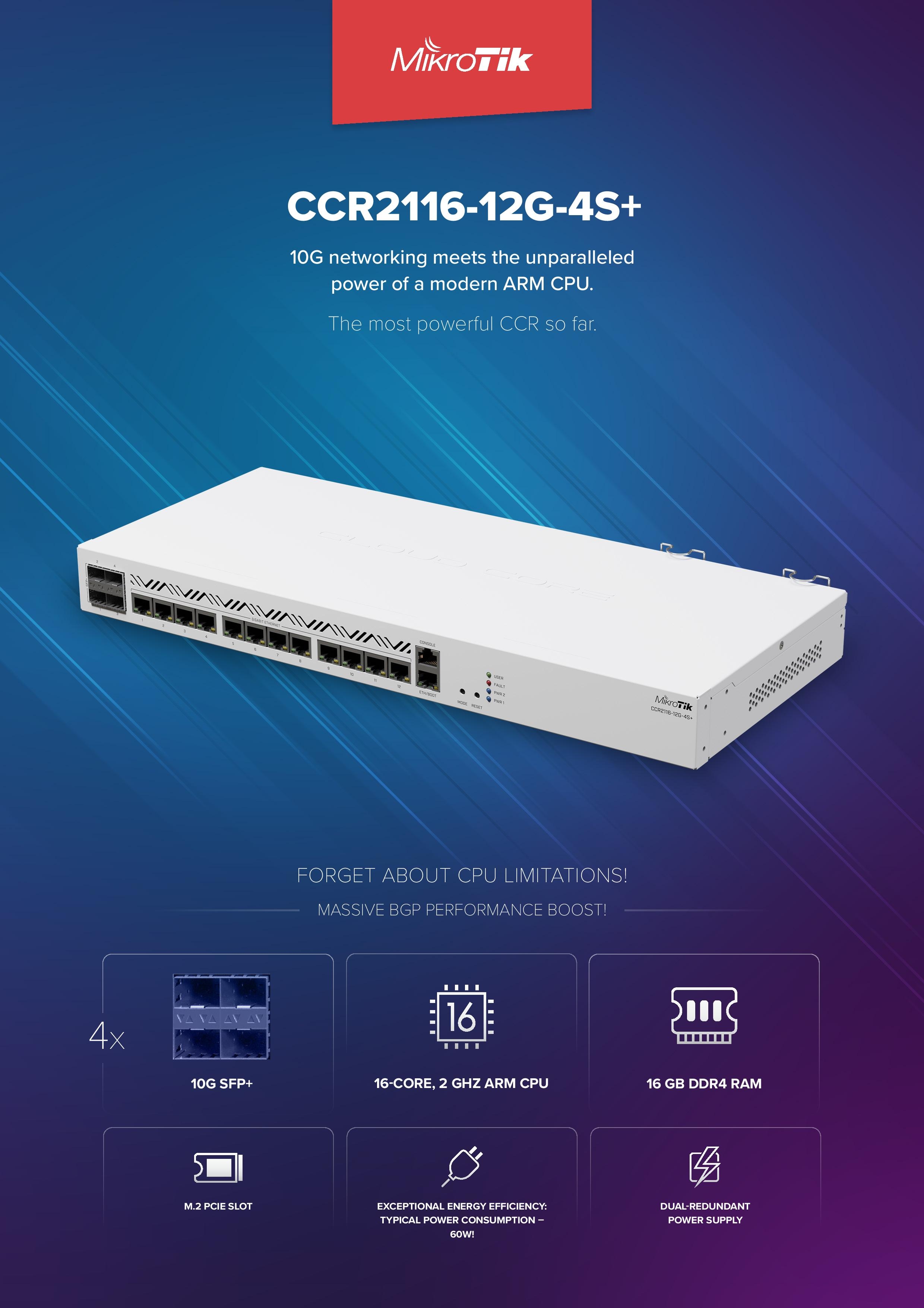 Router Mikrotik, CCR2116-12G-4S+, 13x RJ45 Gigabit, 4x SFP+, 16 core AL73400, 16 GB RAM, 1U Rackmount