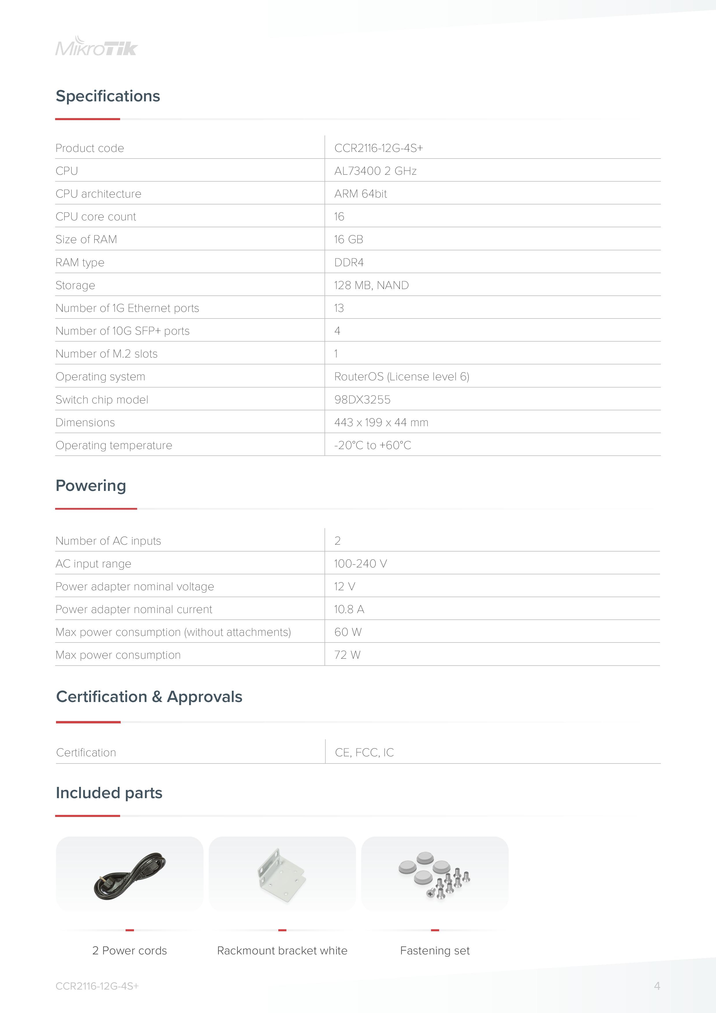 Router Mikrotik, CCR2116-12G-4S+, 13x RJ45 Gigabit, 4x SFP+, 16 core AL73400, 16 GB RAM, 1U Rackmount