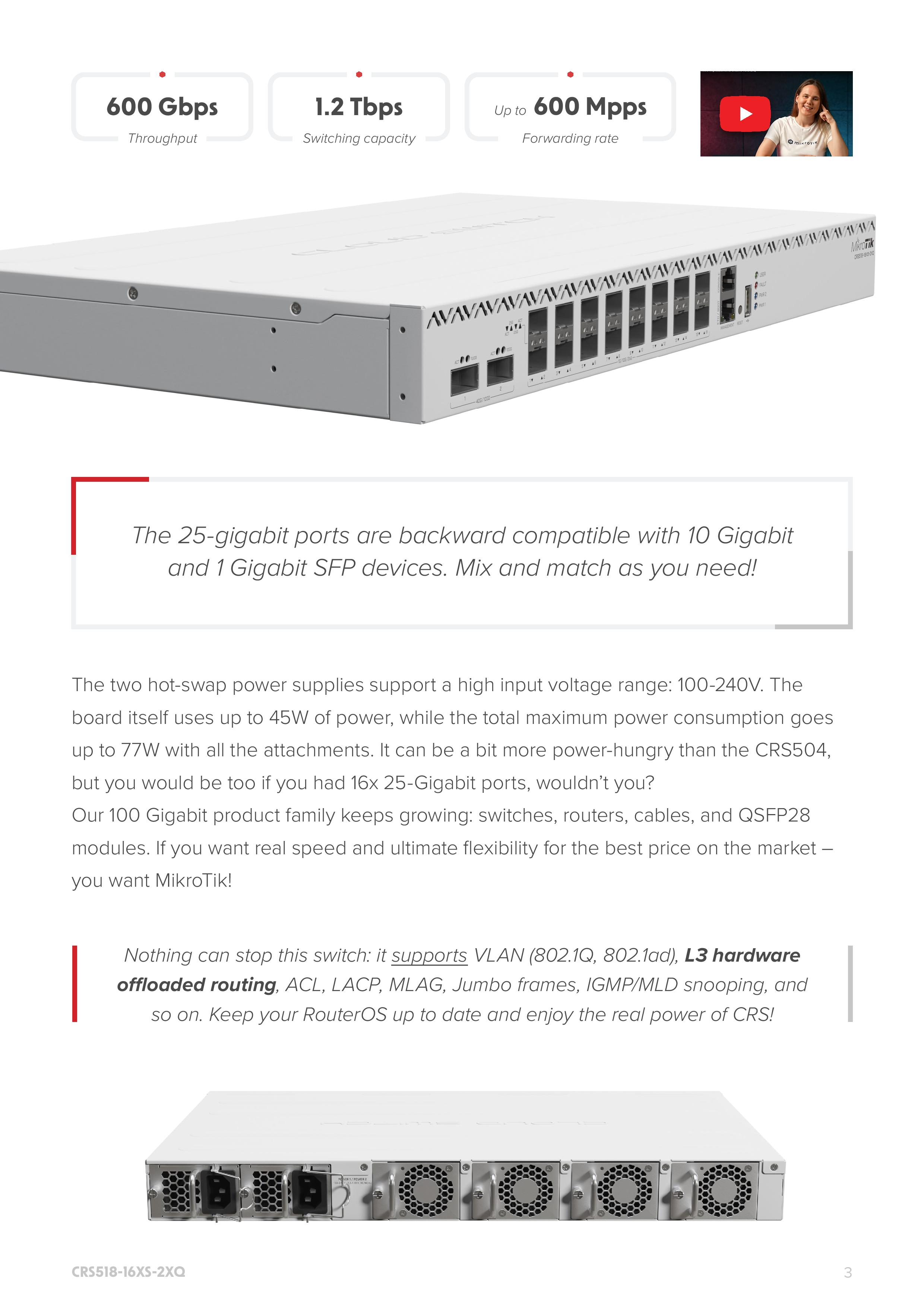 Switch Mikrotik, Cloud Router CRS518-16XS-2XQ-RM, 16x porturi SFP28 25Gbps, 2x Port QSFP28 100Gbps, carcasa 1U rackmount, Dual boot, RouterOS sau SwitchOS