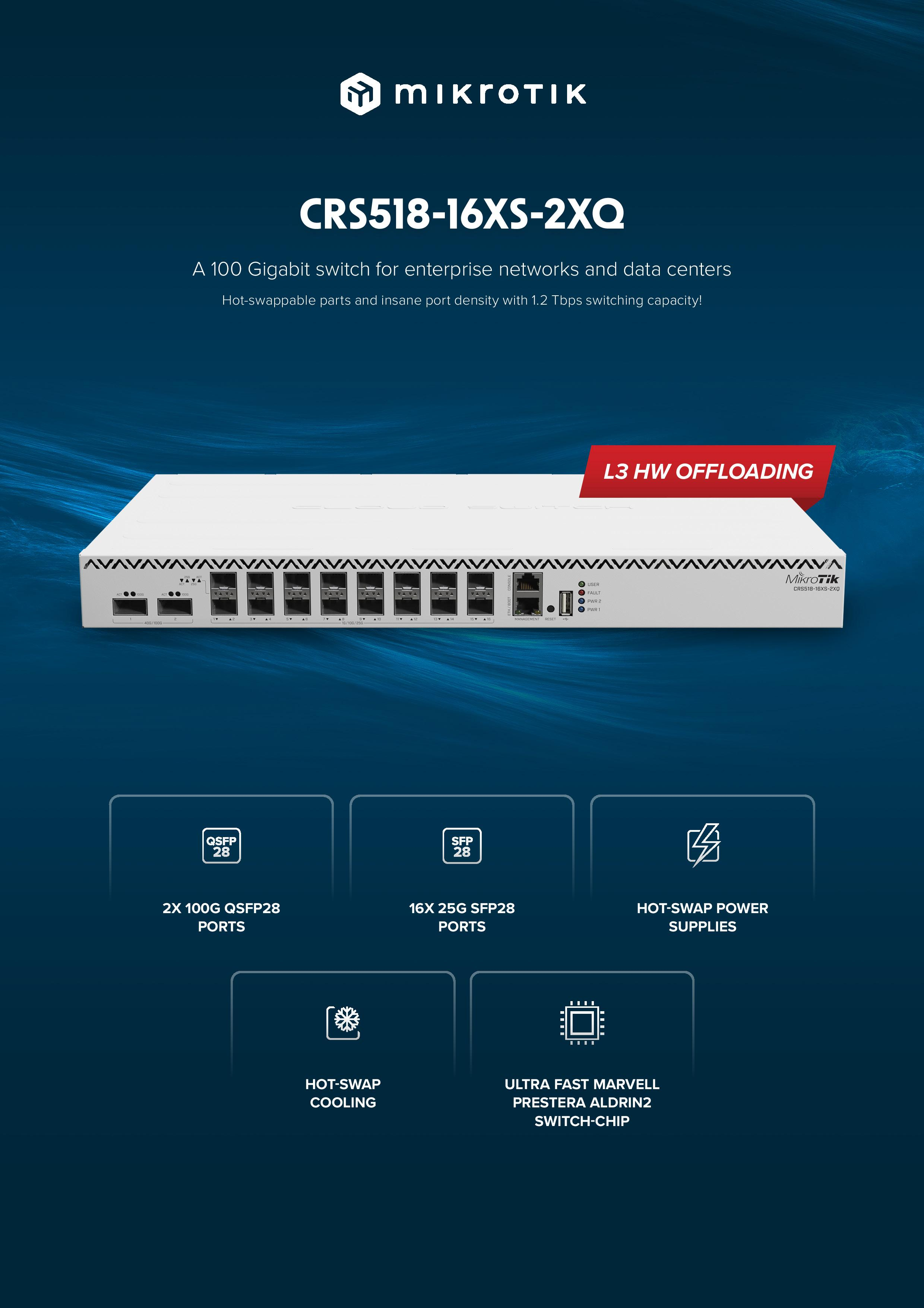 Switch Mikrotik, Cloud Router CRS518-16XS-2XQ-RM, 16x porturi SFP28 25Gbps, 2x Port QSFP28 100Gbps, carcasa 1U rackmount, Dual boot, RouterOS sau SwitchOS