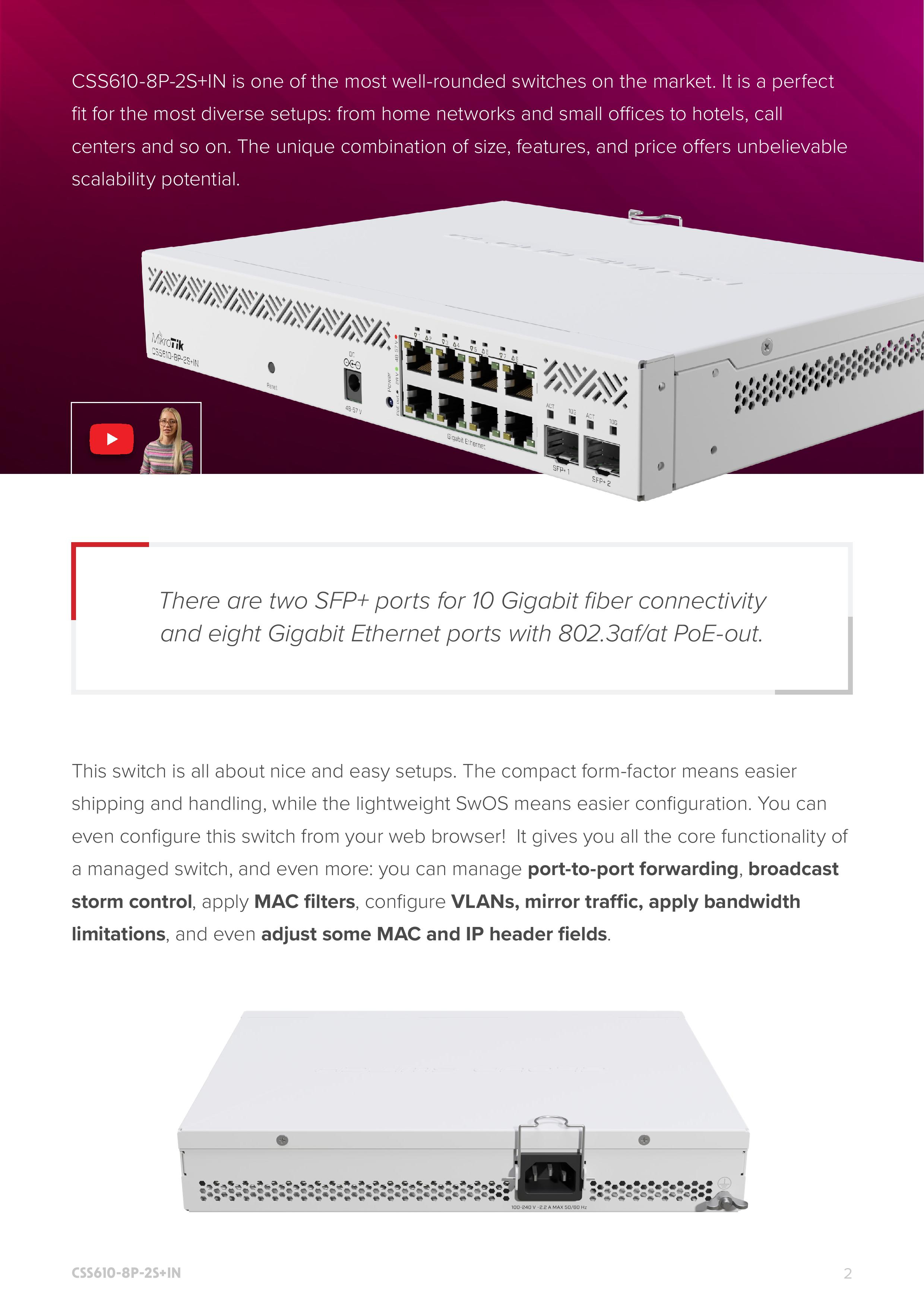 Switch Mikrotik, Cloud Smart CSS610-8P-2S+IN, 8x Porturi Gigabit RJ45 POE AT/AF, 2x Porturi SFP+, SwOS