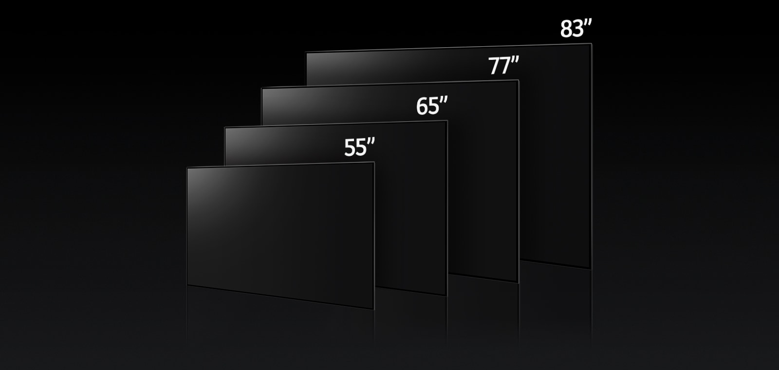 Imagine care compara dimensiunile variate ale produsului LG OLED G3, care prezinta dimensiunile de 55”, 65”, 77” si 83”.