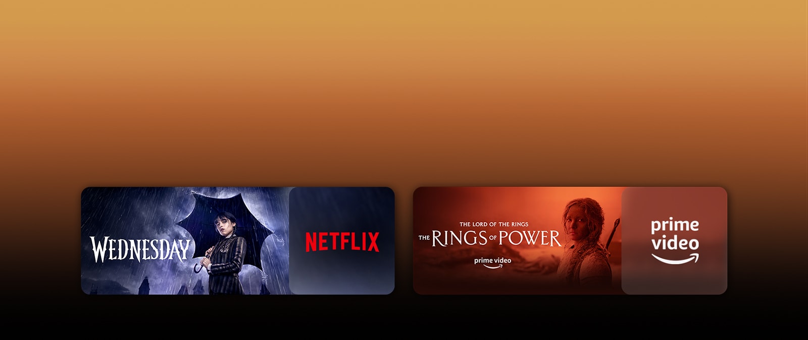 Langa fiecare sigla sunt prezentate siglele platformele cu servicii de redare in flux si materiale video corespondente. Exista imagini cu Wednesday de la Netflix si The rings of power de la PRIME VIDEO.