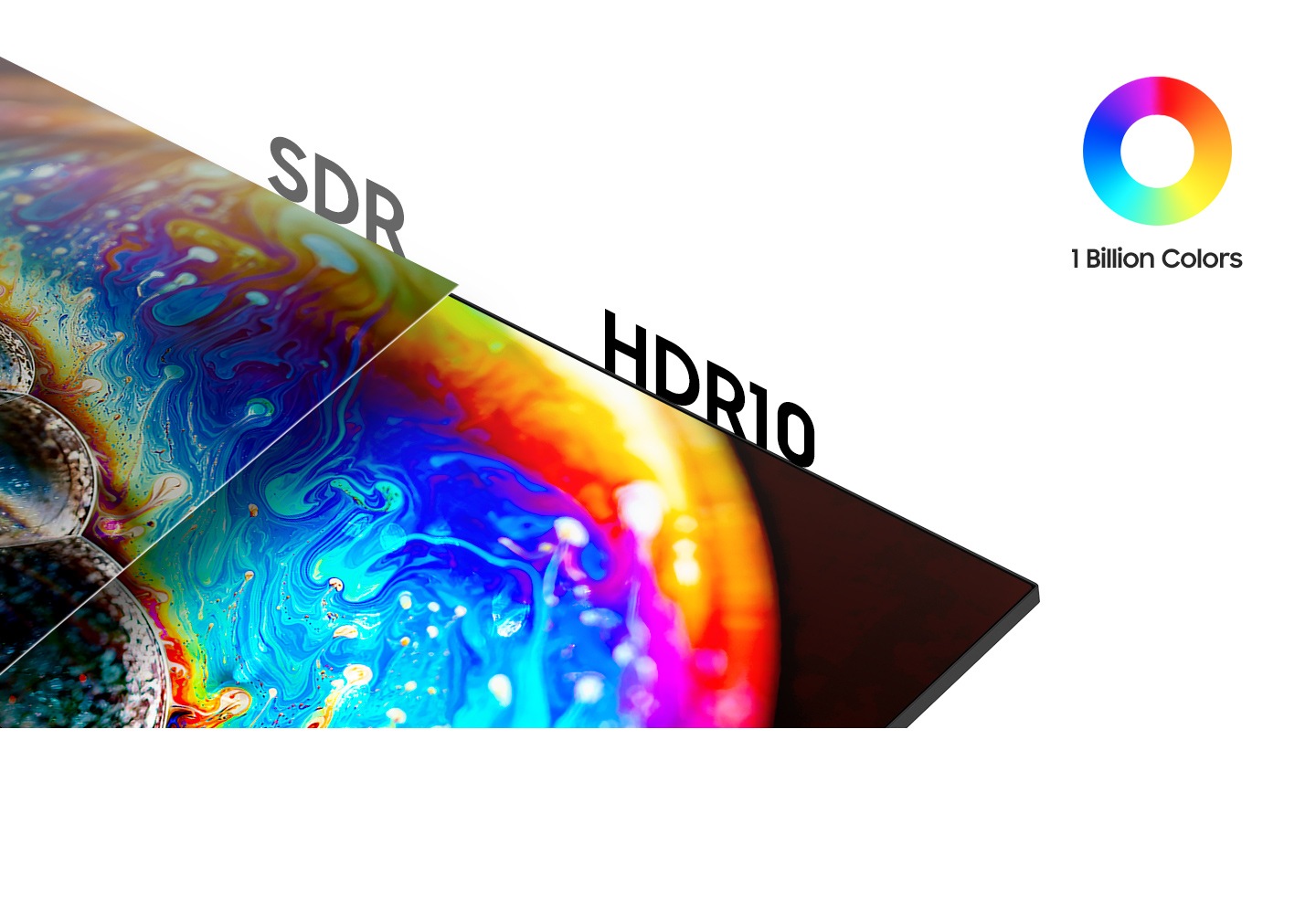 Se compara SDR si HDR10, iar imaginea pentru HDR10 este mai luminoasa si mai vie.  Alaturi de imagini, sunt cateva pictograme reprezentand 1 miliard de culori.